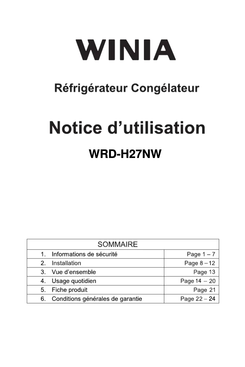 Page 1 de la notice Manuel utilisateur Winia WRD-H27NW