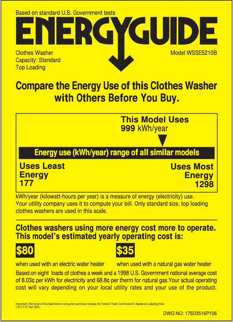 Page 1 de la notice Label énergétique GE WSSE5210BWW