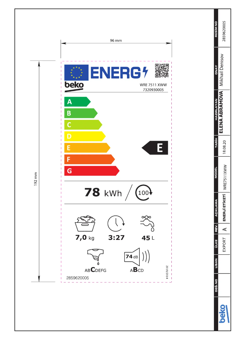 Page 1 de la notice Label énergétique Beko WRE7511XWW