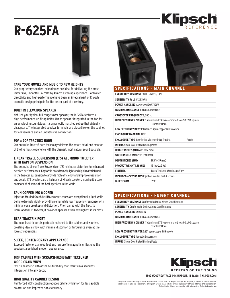 Page 1 de la notice Fiche technique Klipsch Reference R-625FA