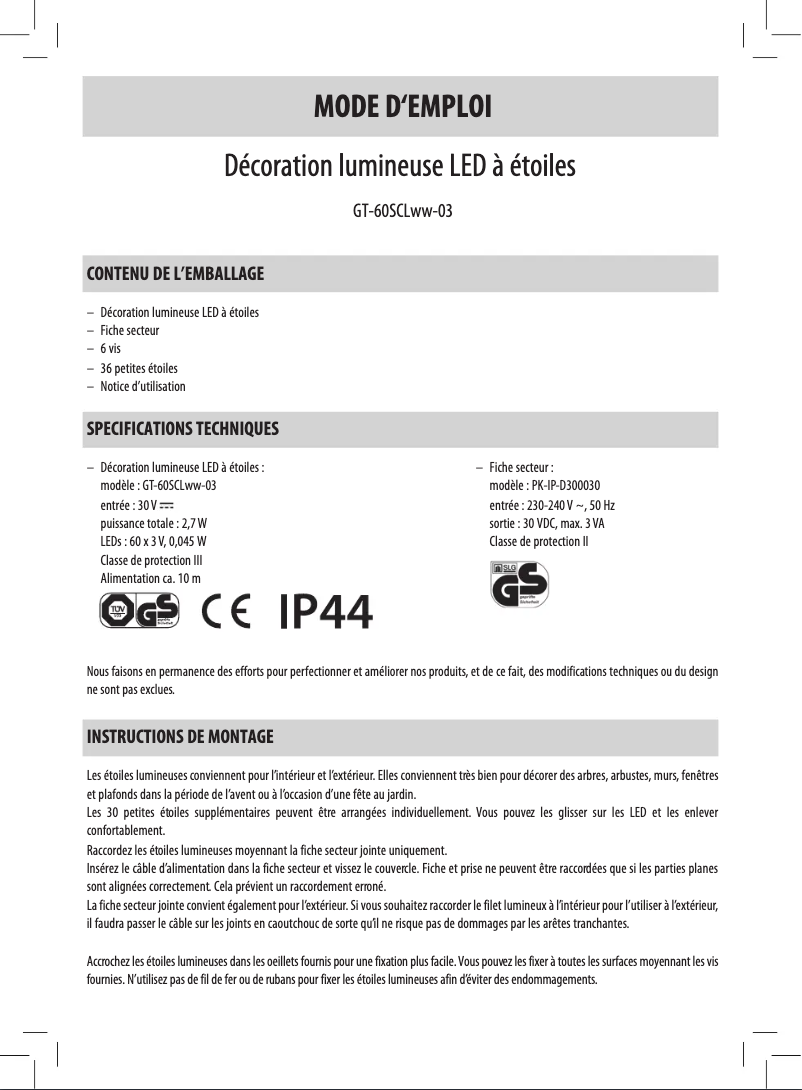 Page n°1 - Manuel utilisateur GlobalTronics GT-60SCLww-03