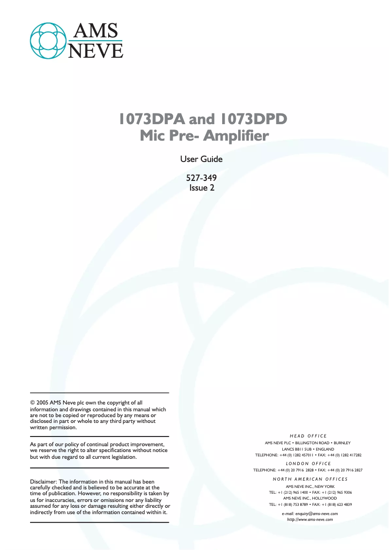 Page n°1 - Manuel utilisateur AMS Neve 1073DPD