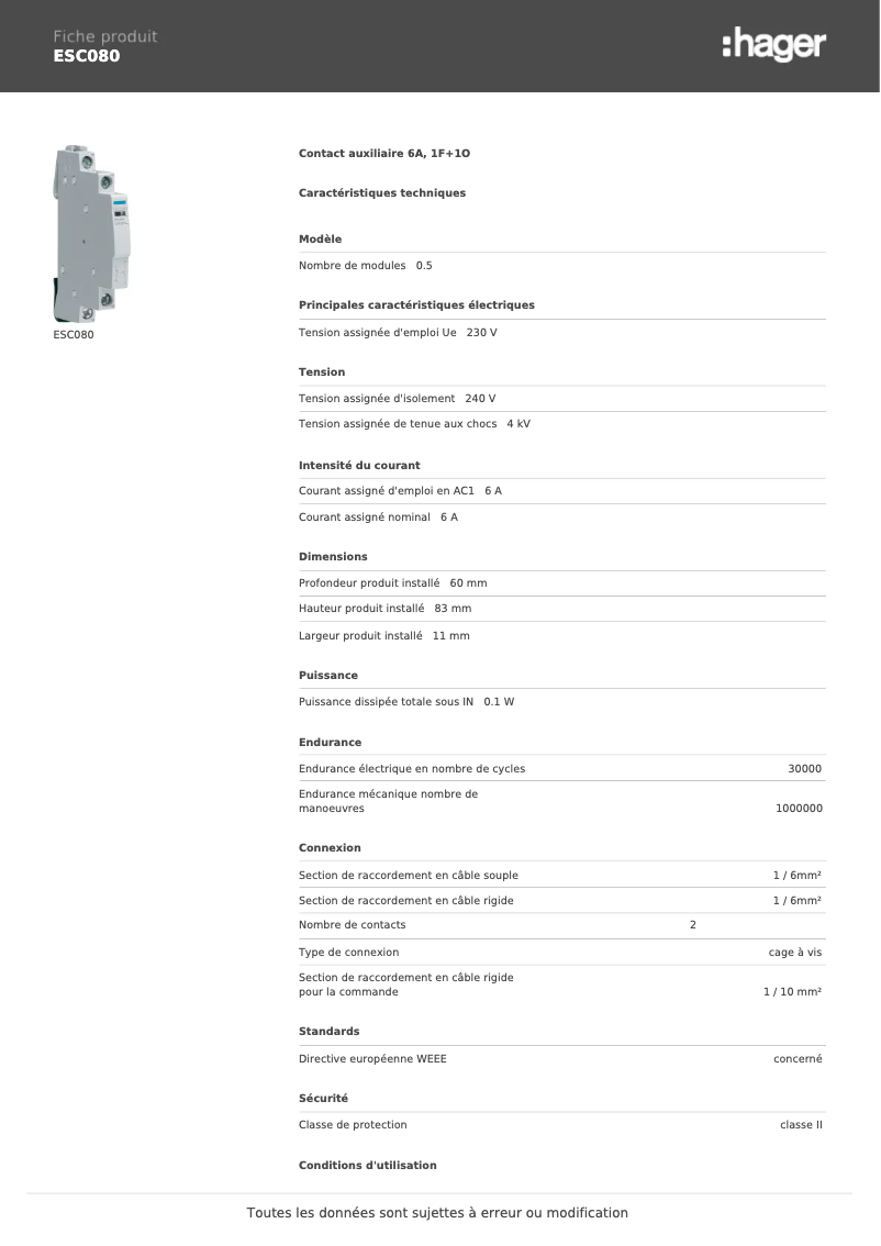 Page n°1 - Fiche technique Hager ESC080
