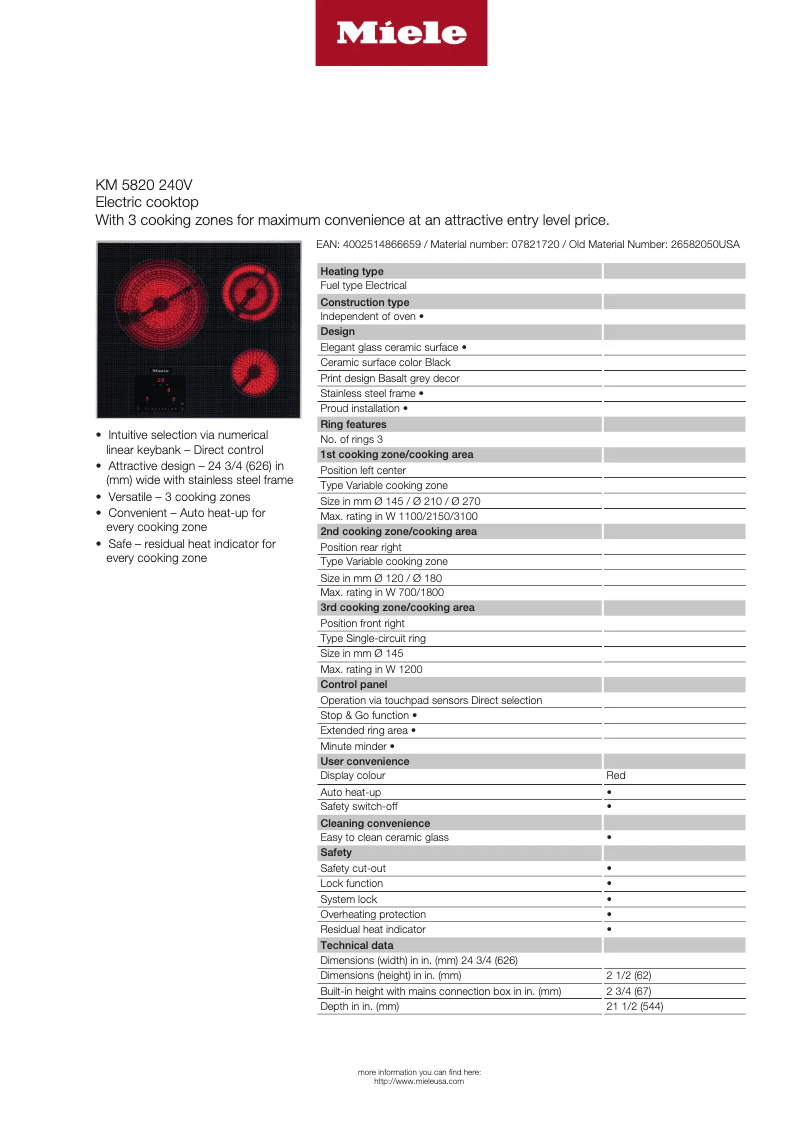 Page 1 de la notice Fiche technique Miele KM 5820