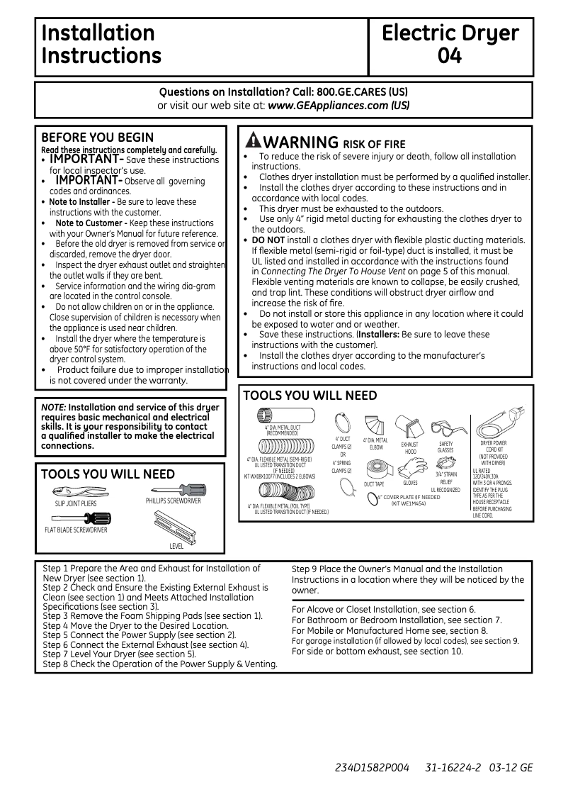 Page n°1 - Guide d'installation GE PTDN600EMWT