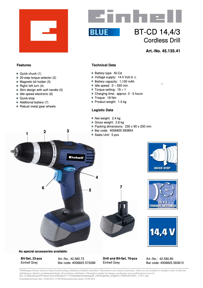 Page n°1 - Fiche technique Einhell BT-CD 14,4/3