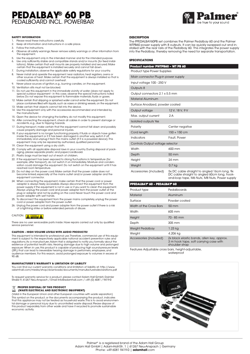Page 1 de la notice Manuel utilisateur Palmer Pedalbay 60 PB