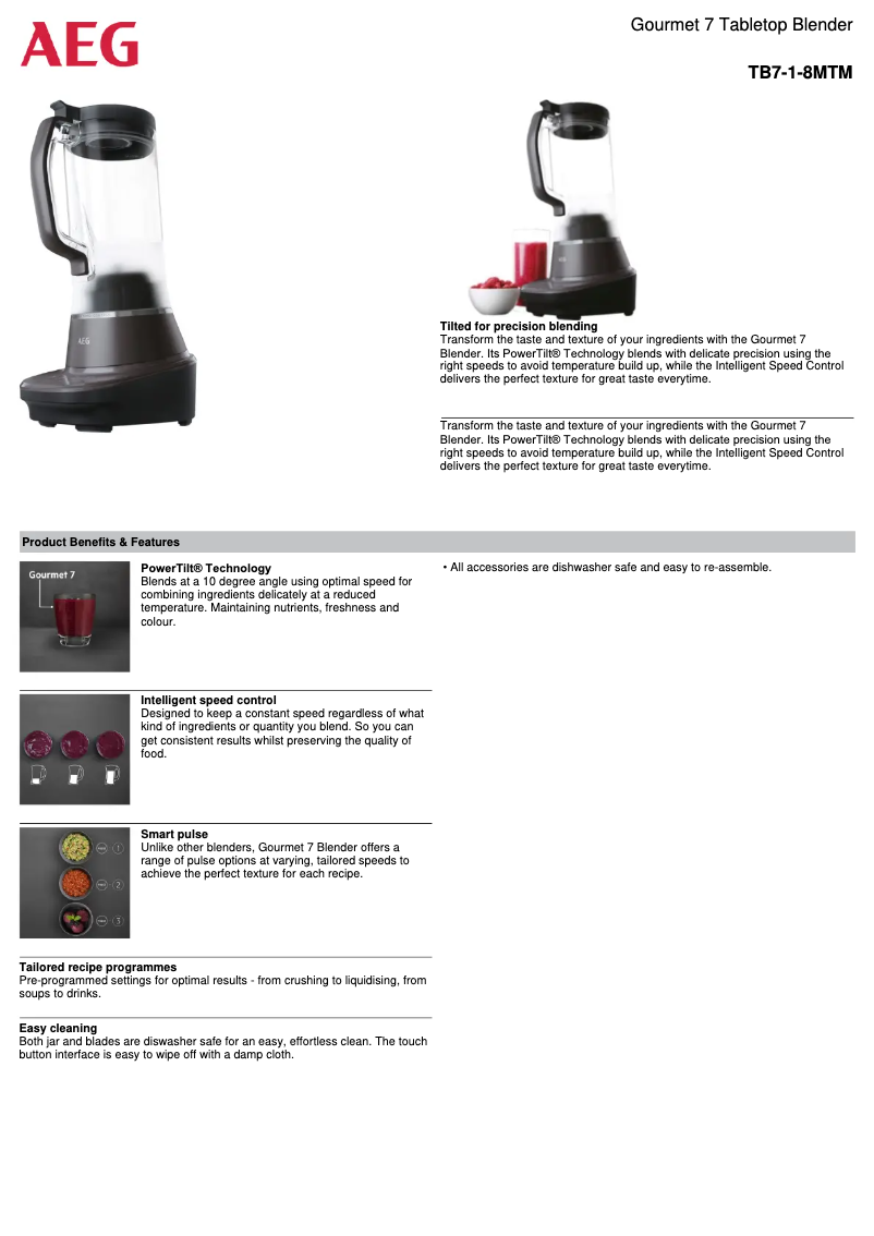 Page 1 de la notice Fiche technique AEG TB7-1-8MTM