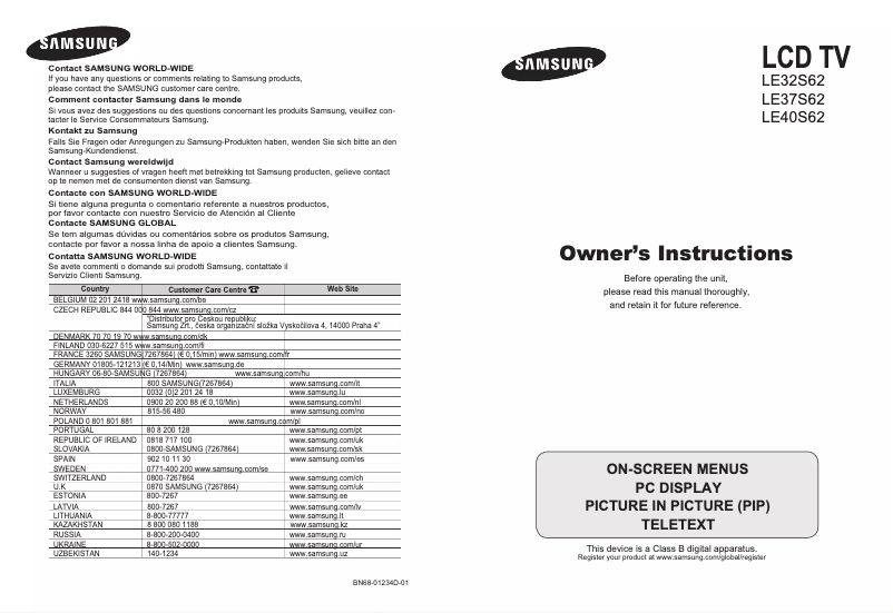 Page 1 de la notice Manuel utilisateur Samsung LE37S62B
