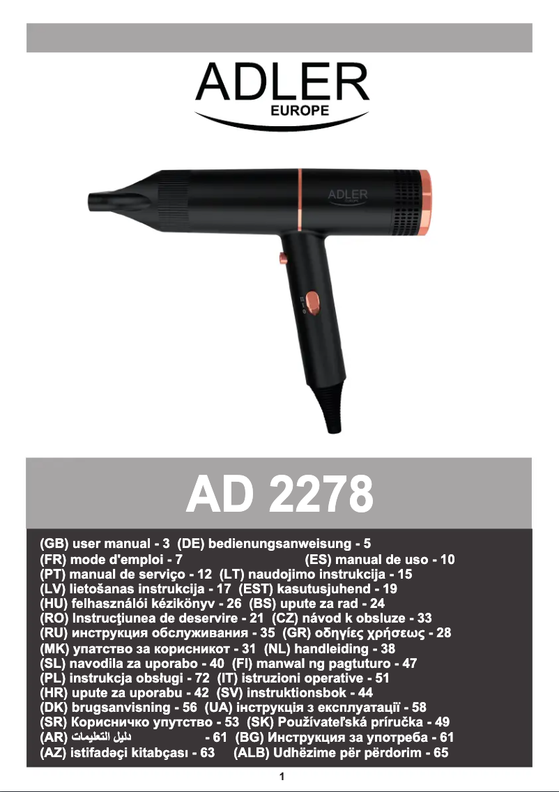 Page 1 de la notice Manuel utilisateur Adler AD 2278