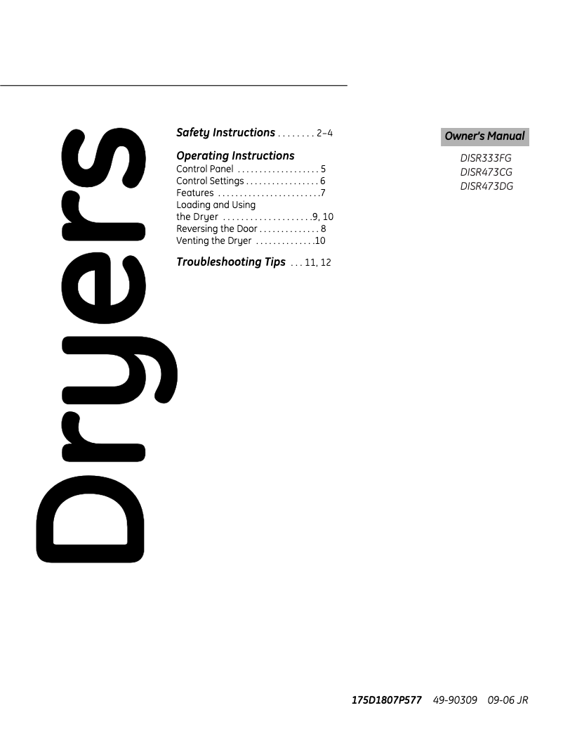 Page n°1 - Manuel d'utilisation et d'entretien GE DISR473CWWW