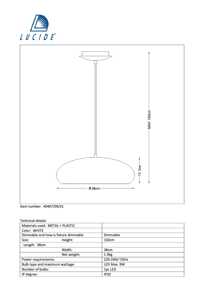 Page 1 de la notice Manuel utilisateur Lucide Dana 40407/09/31