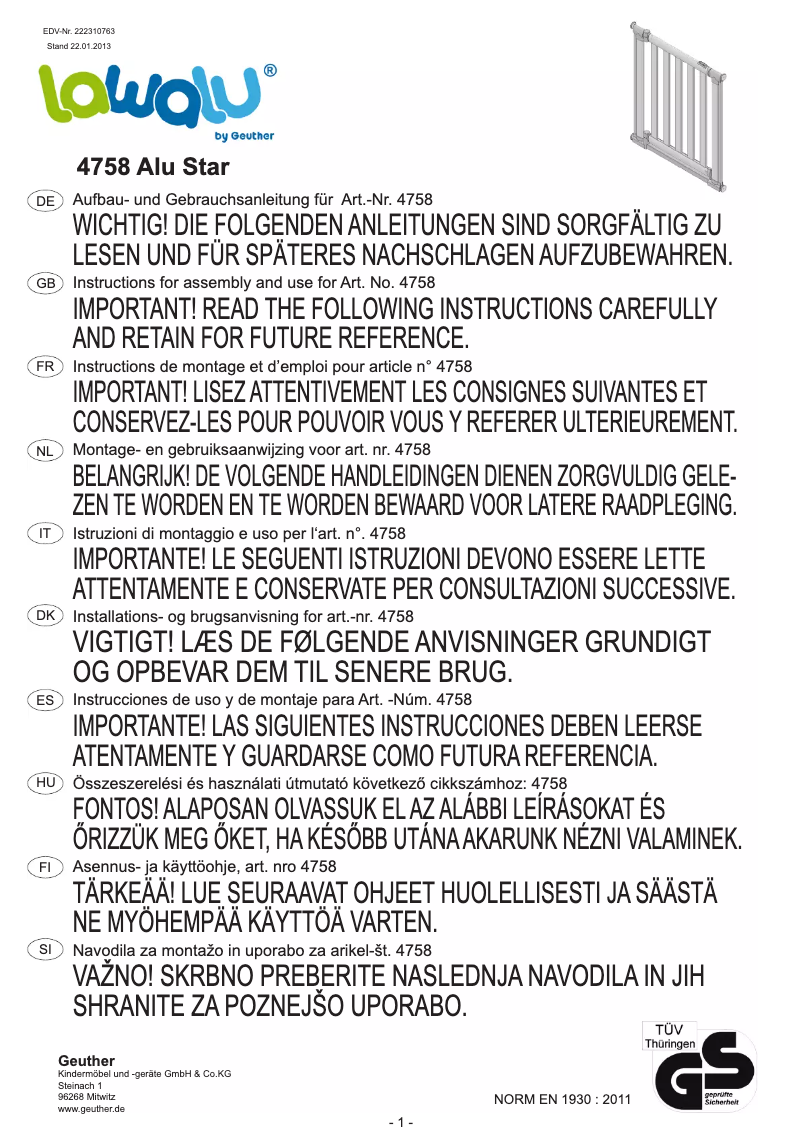 Page n°1 - Manuel utilisateur Geuther Alu Star 4758