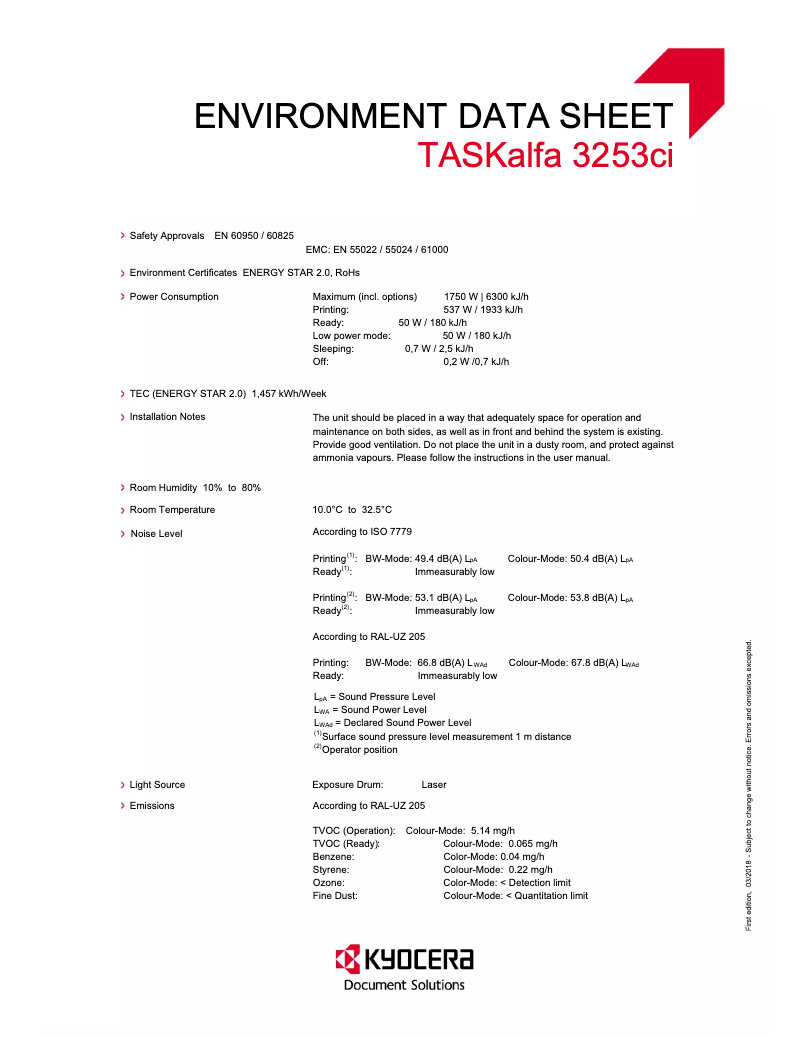 Page 1 de la notice Fiche technique Kyocera TASKalfa 3253ci