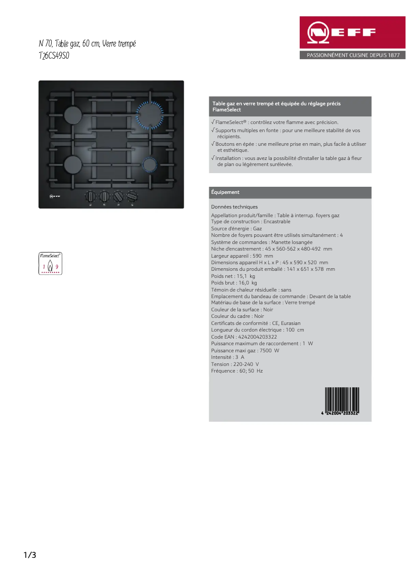 Page 1 de la notice Fiche technique Neff T26CS49S0