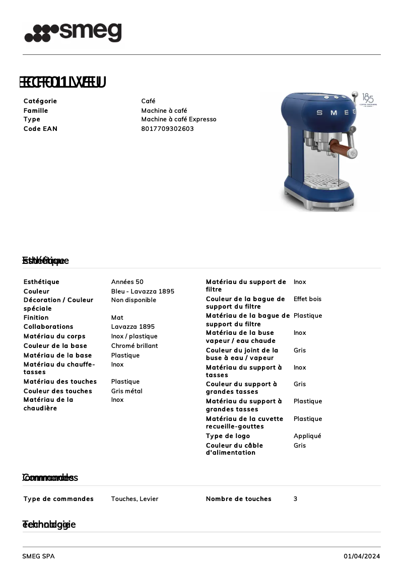 Page 1 de la notice Fiche technique Smeg ECF01