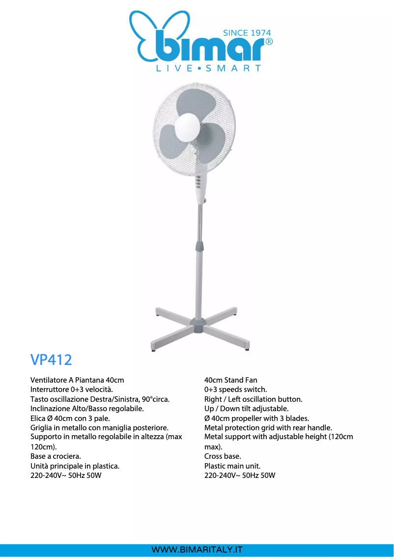 Page 1 de la notice Fiche technique Bimar VP412