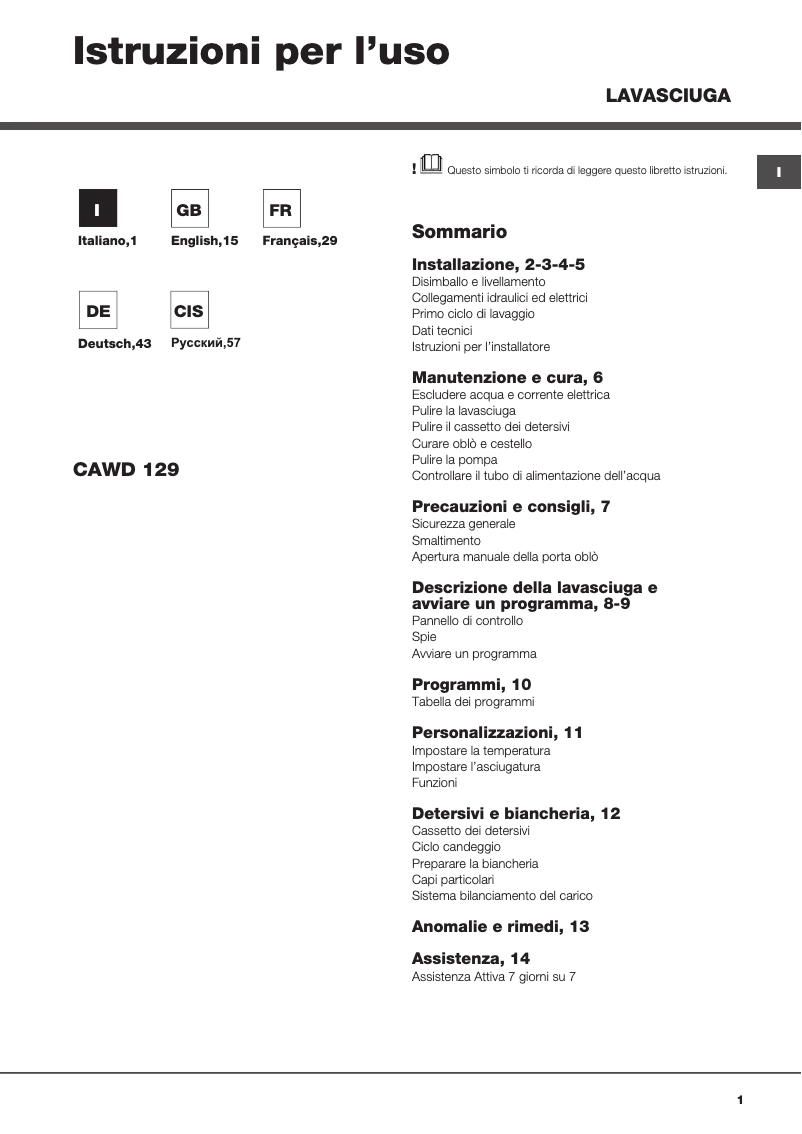 Page n°1 - Manuel utilisateur Hotpoint Ariston CAWD 129 (EU)