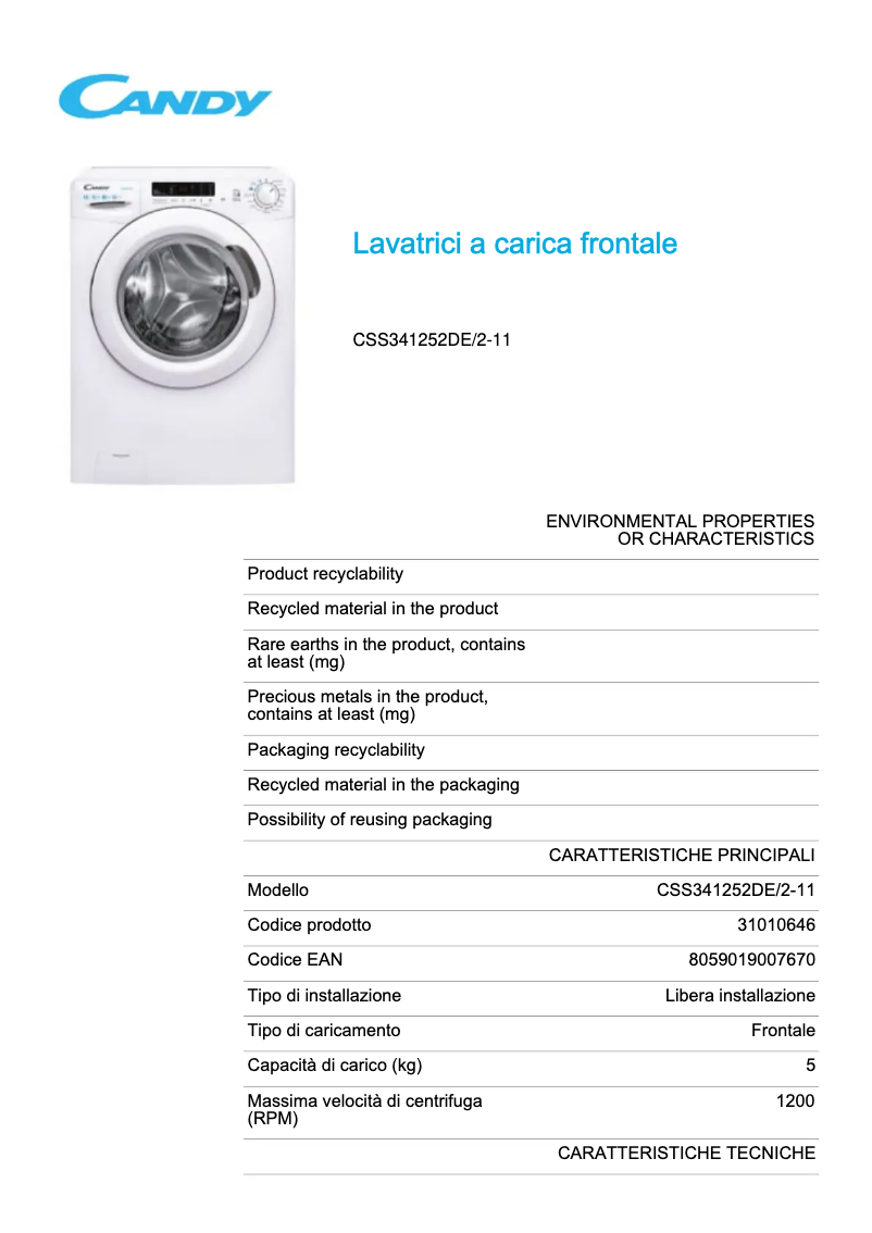 Page n°1 - Fiche technique Candy CSS341252DE/2-11