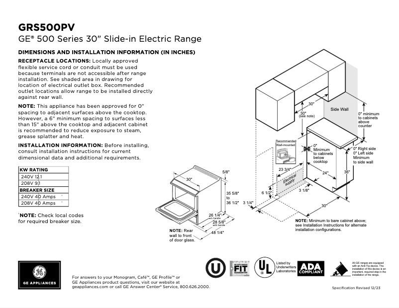Page 1 of the manual Technical Sheet GE GRS500PVSS