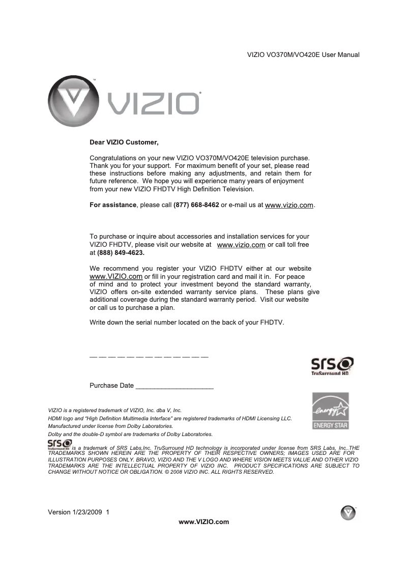 Page 1 de la notice Manuel utilisateur VIZIO VO420E
