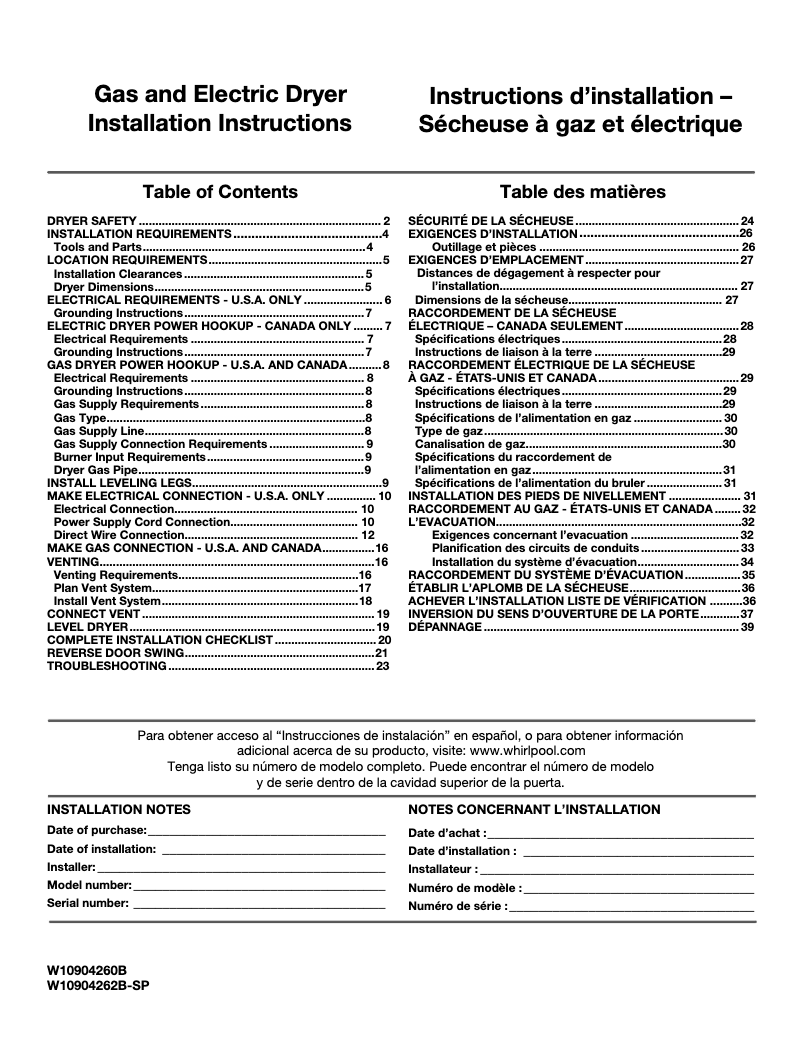 Page n°1 - Guide d'installation Whirlpool WED7500G