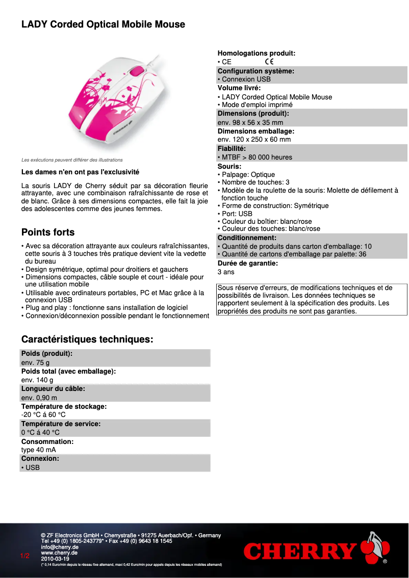 Page 1 de la notice Fiche technique Cherry LADY MT-1010