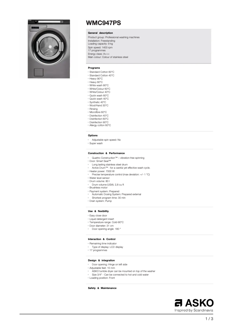 Page n°1 - Fiche technique Asko WMC947PS