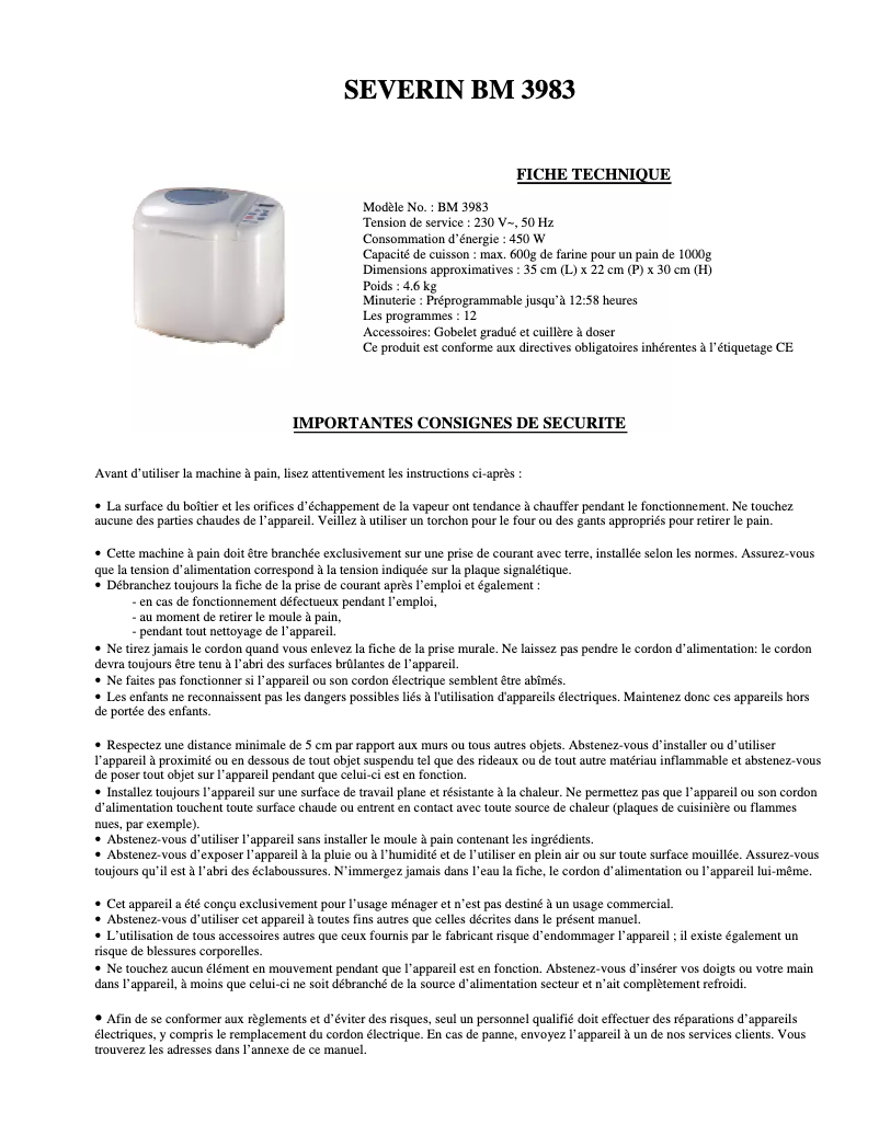 Page 1 de la notice Manuel utilisateur Severin BM 3983