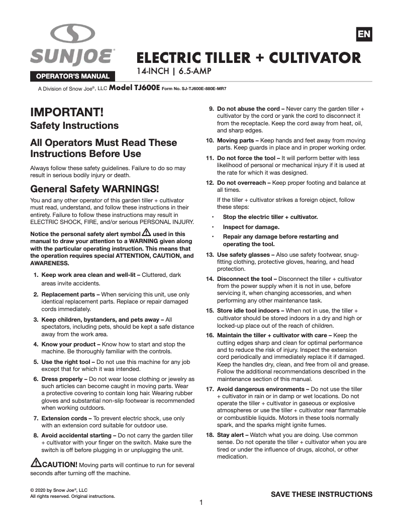 Page n°1 - Manuel utilisateur Sun Joe TJ600E