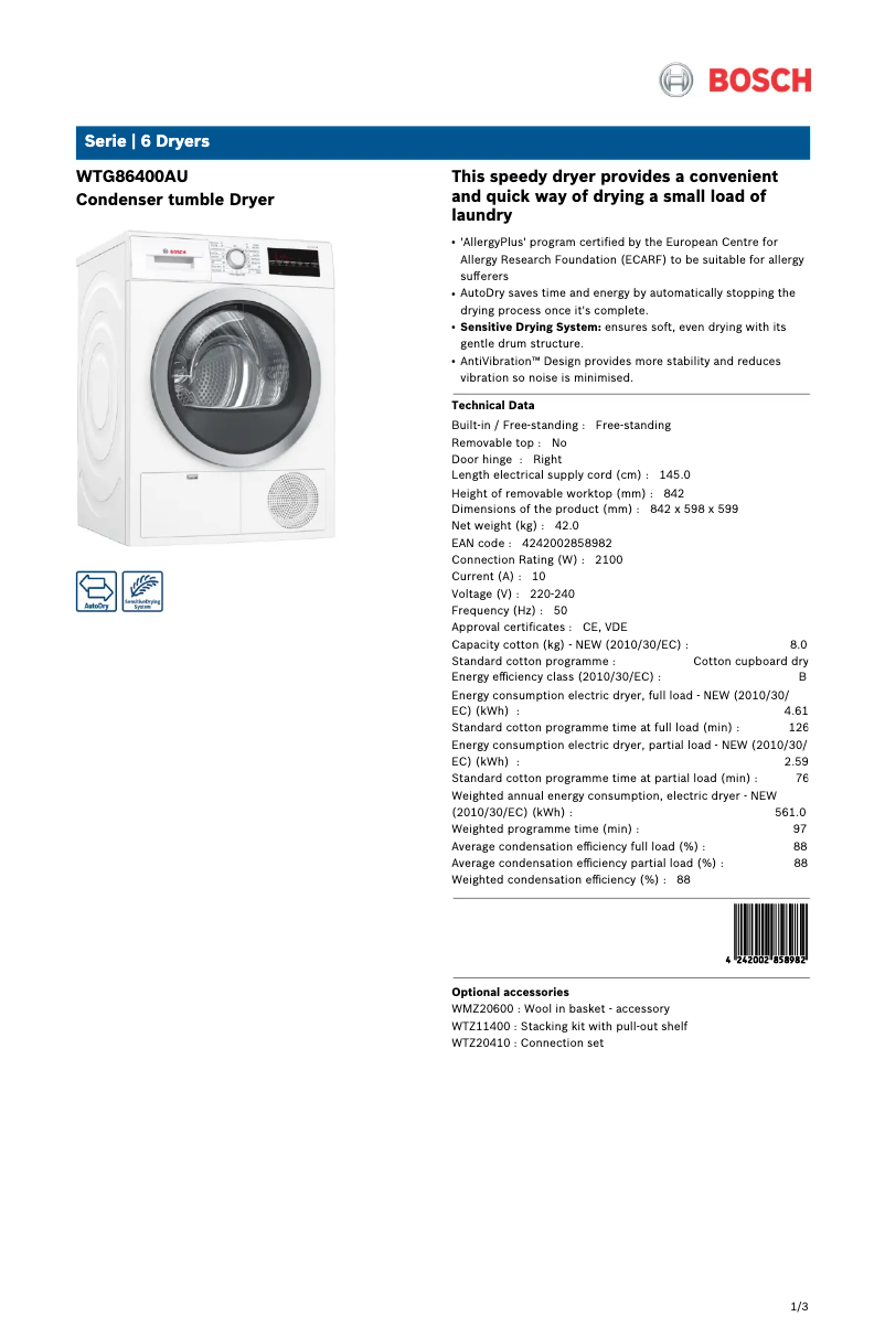 Page n°1 - Fiche technique Bosch WTG86400AU