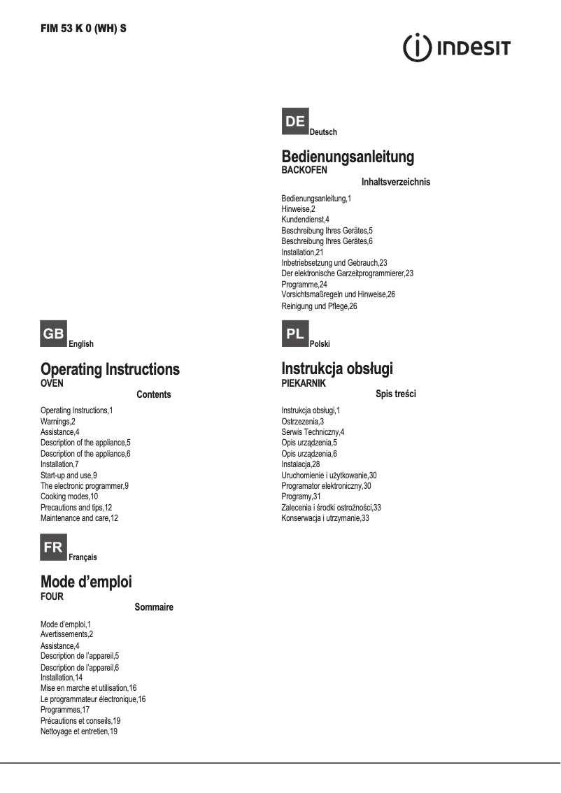 Image de la première page du manuel de l'appareil FIM 53 K 0 (WH) S