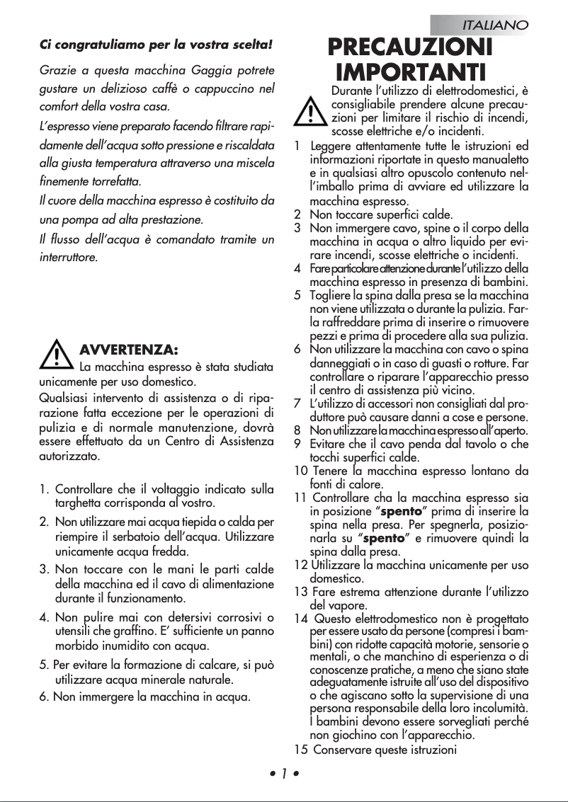 Page 1 de la notice Manuel utilisateur Gaggia Baby Twin