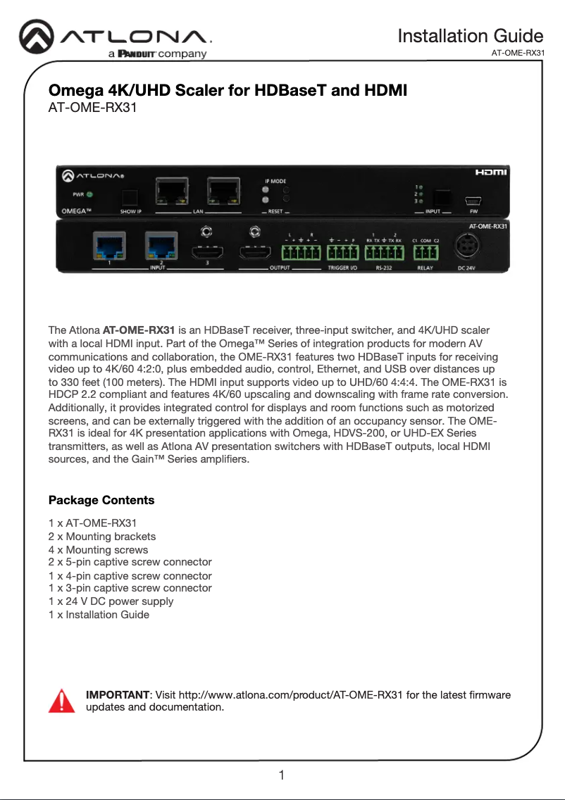 Page 1 de la notice Guide d'installation Atlona AT-OME-RX31