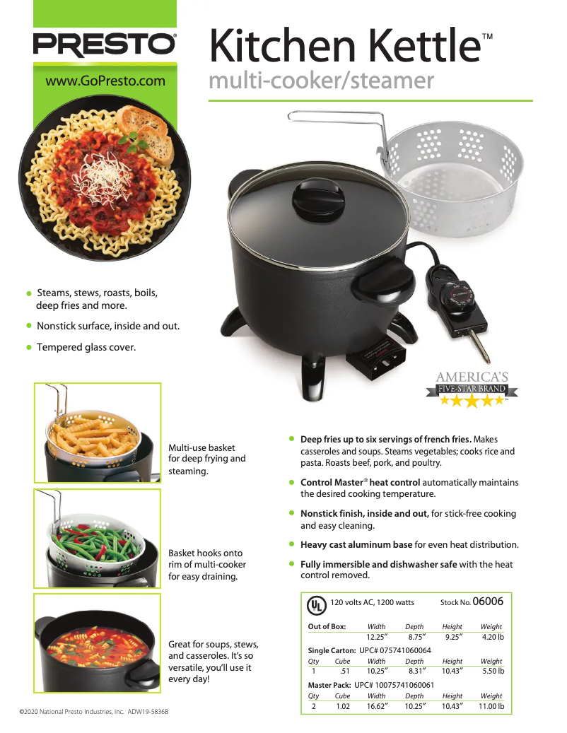 Page 1 de la notice Fiche technique Presto Kitchen Kettle