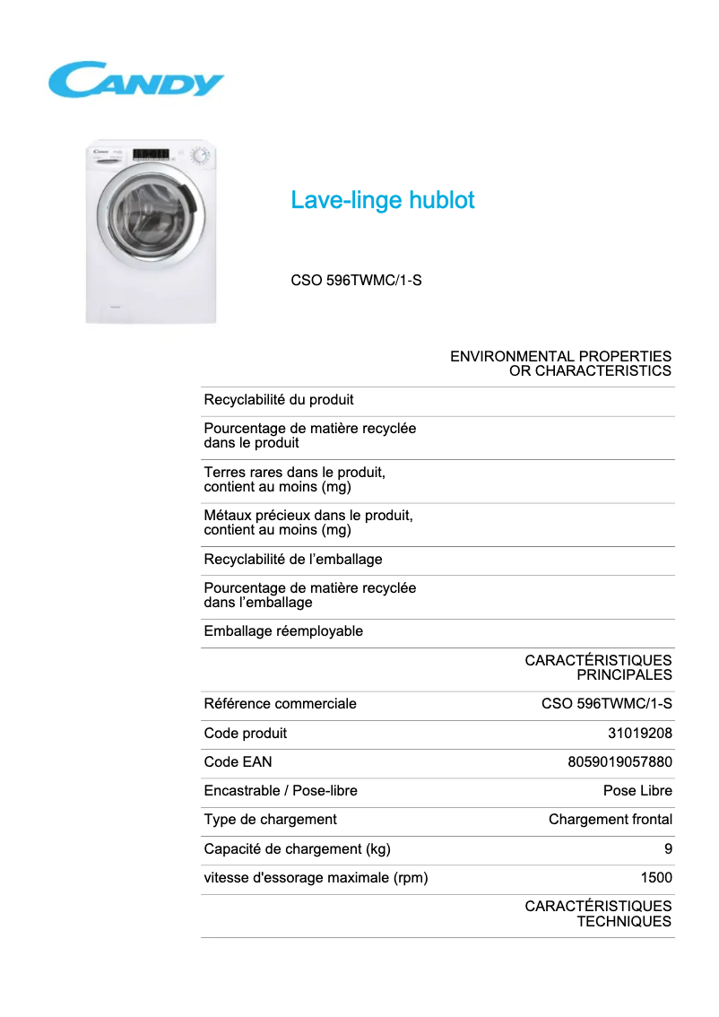 Page 1 de la notice Fiche technique Candy CSO 596TWMC/1-S