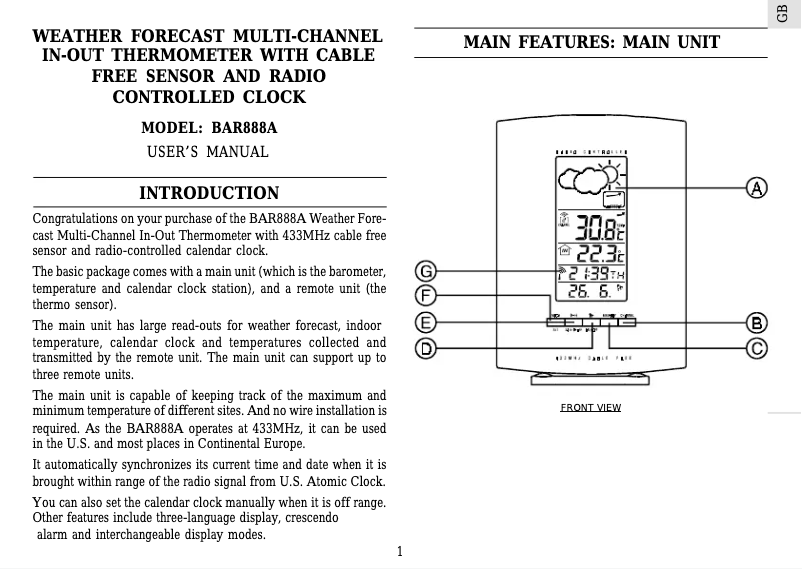 Page 1 de la notice Manuel utilisateur Oregon Scientific BAR 888A