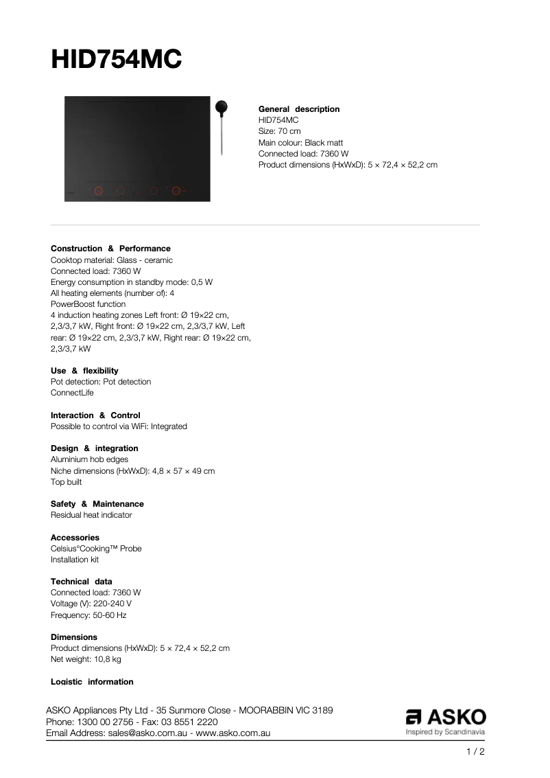 Page n°1 - Fiche technique Asko HID754MC