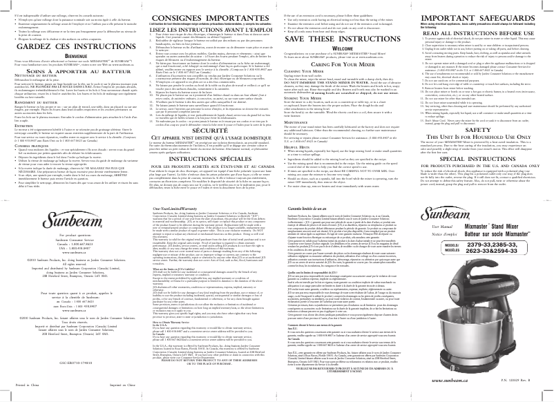 Page n°1 - Manuel utilisateur Sunbeam MixMaster 2594-33