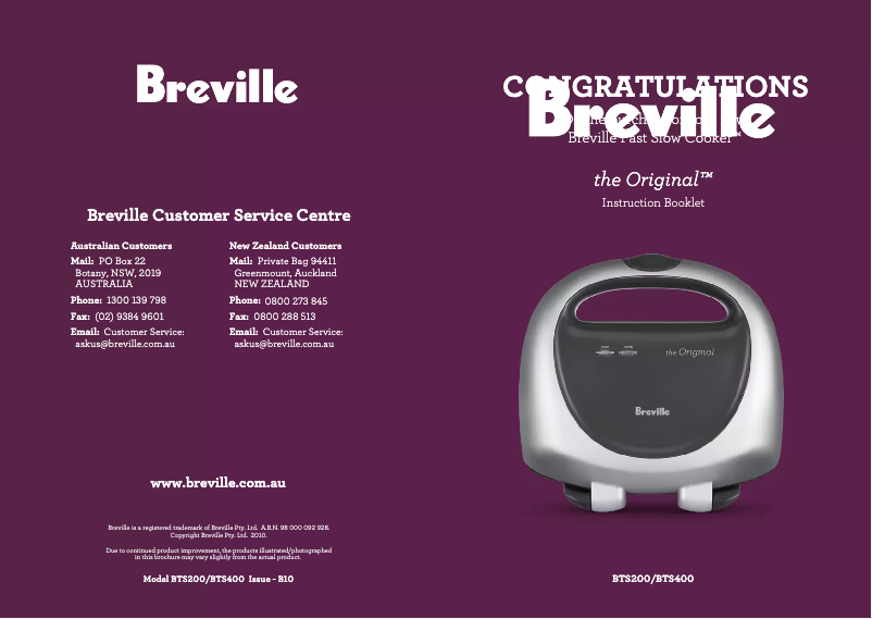 Page 1 of the manual User Manual Breville the Original BTS400