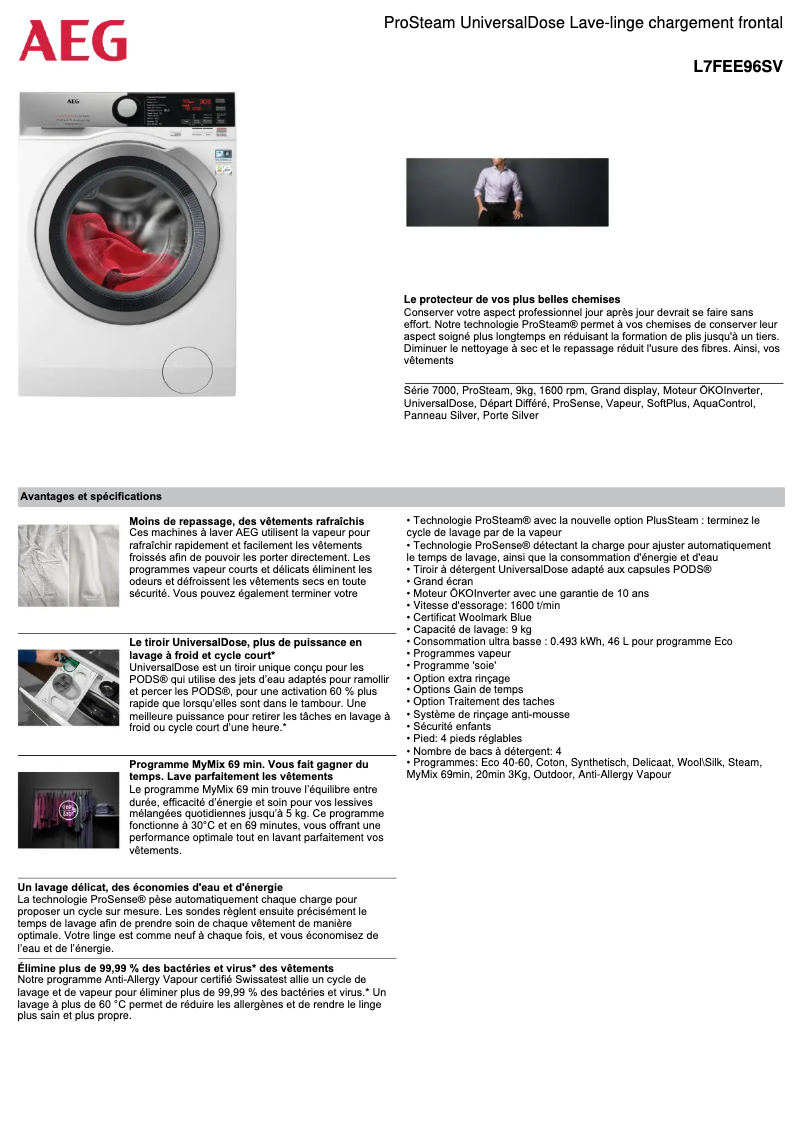 Page 1 de la notice Fiche technique AEG L7FEE96SV