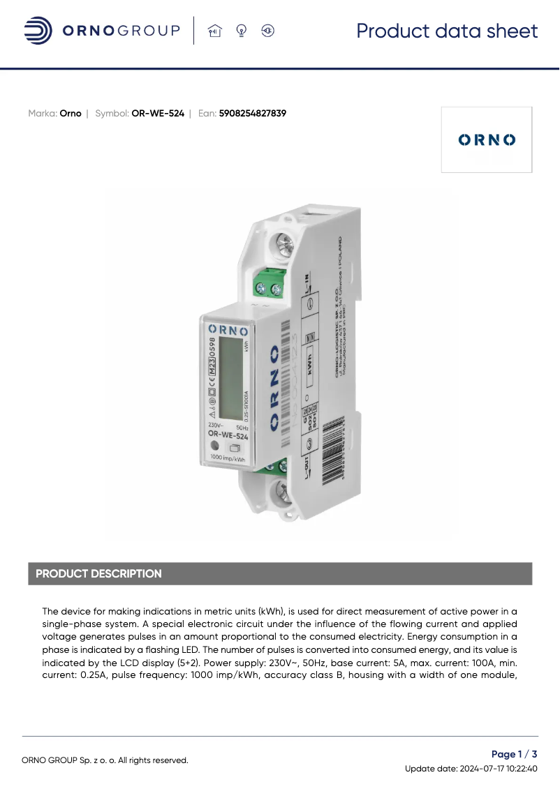 Page 1 de la notice Fiche technique ORNO OR-WE-524