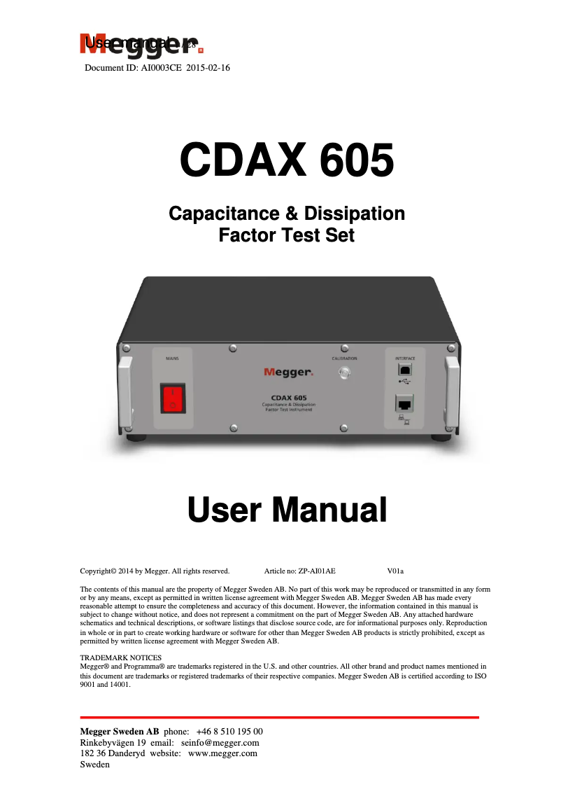 Page 1 de la notice Manuel utilisateur Megger CDAX 605