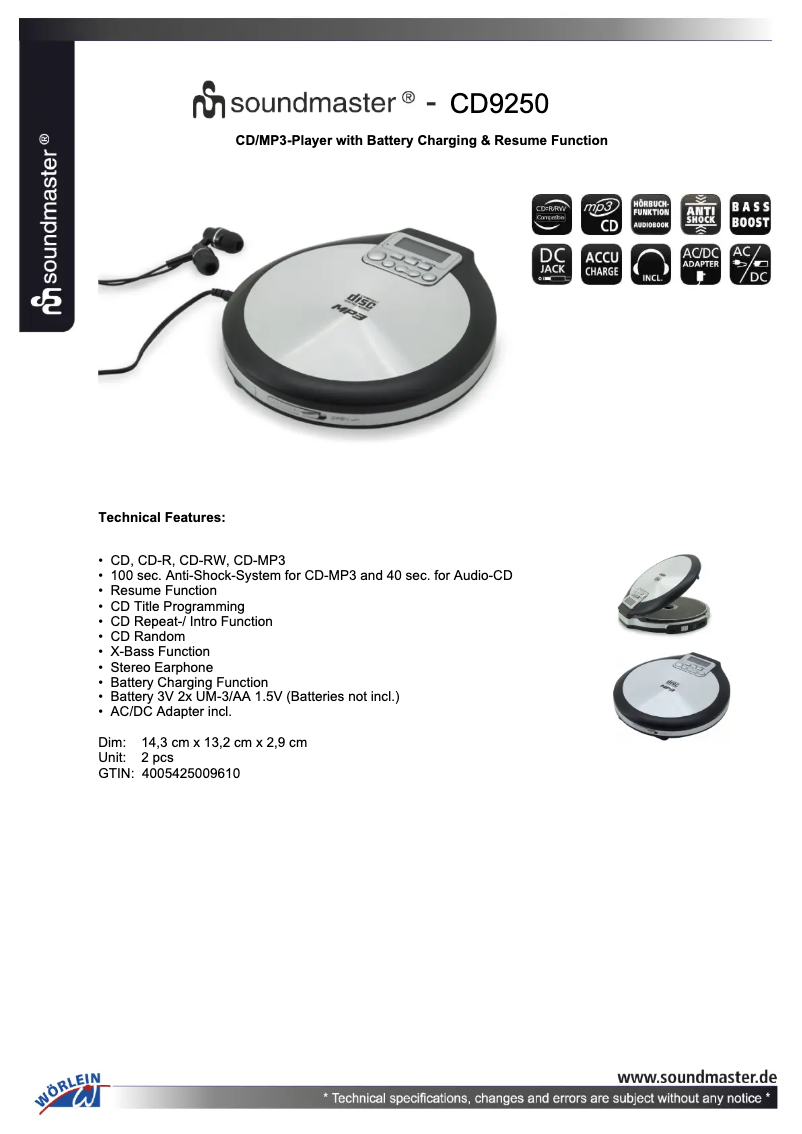 Page n°1 - Fiche technique Soundmaster CD9250
