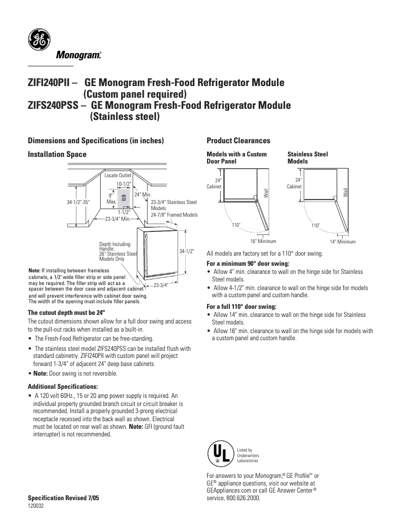 Page 1 de la notice Fiche technique GE ZIFS240PLSS