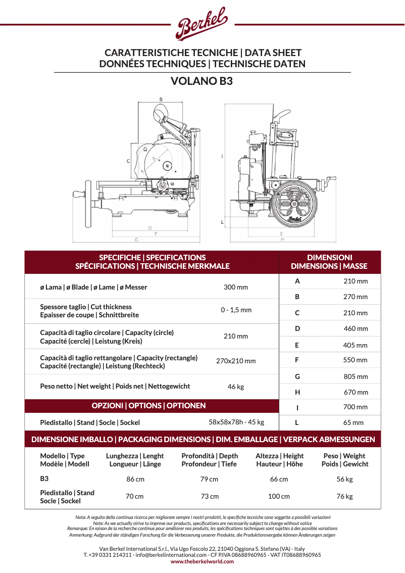 Page 1 de la notice Fiche technique Berkel Volano B3