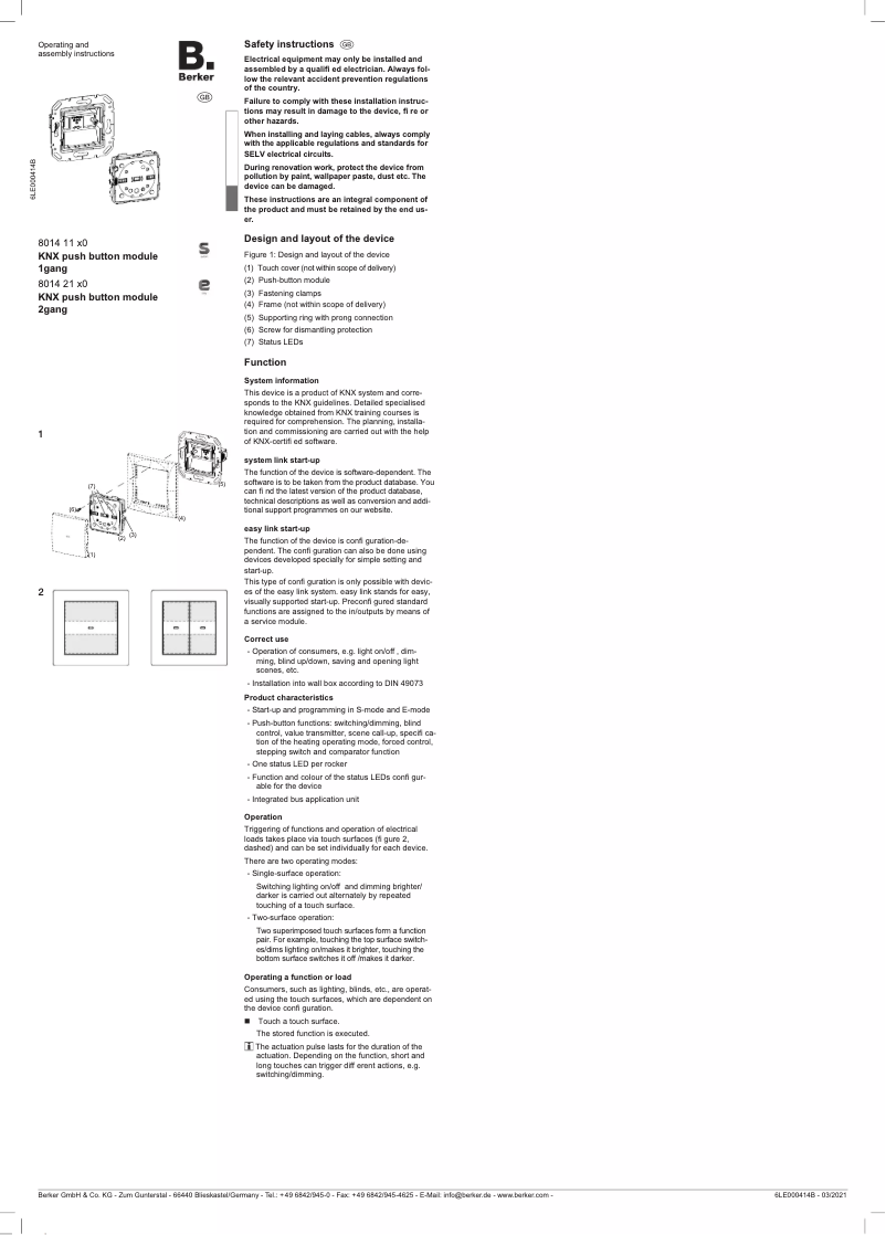 Page n°1 - Manuel utilisateur Berker 80142180