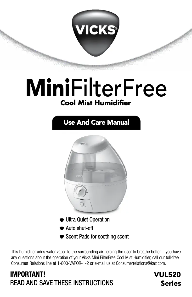 Page 1 de la notice Manuel utilisateur Vicks Mini Filter Free VUL520