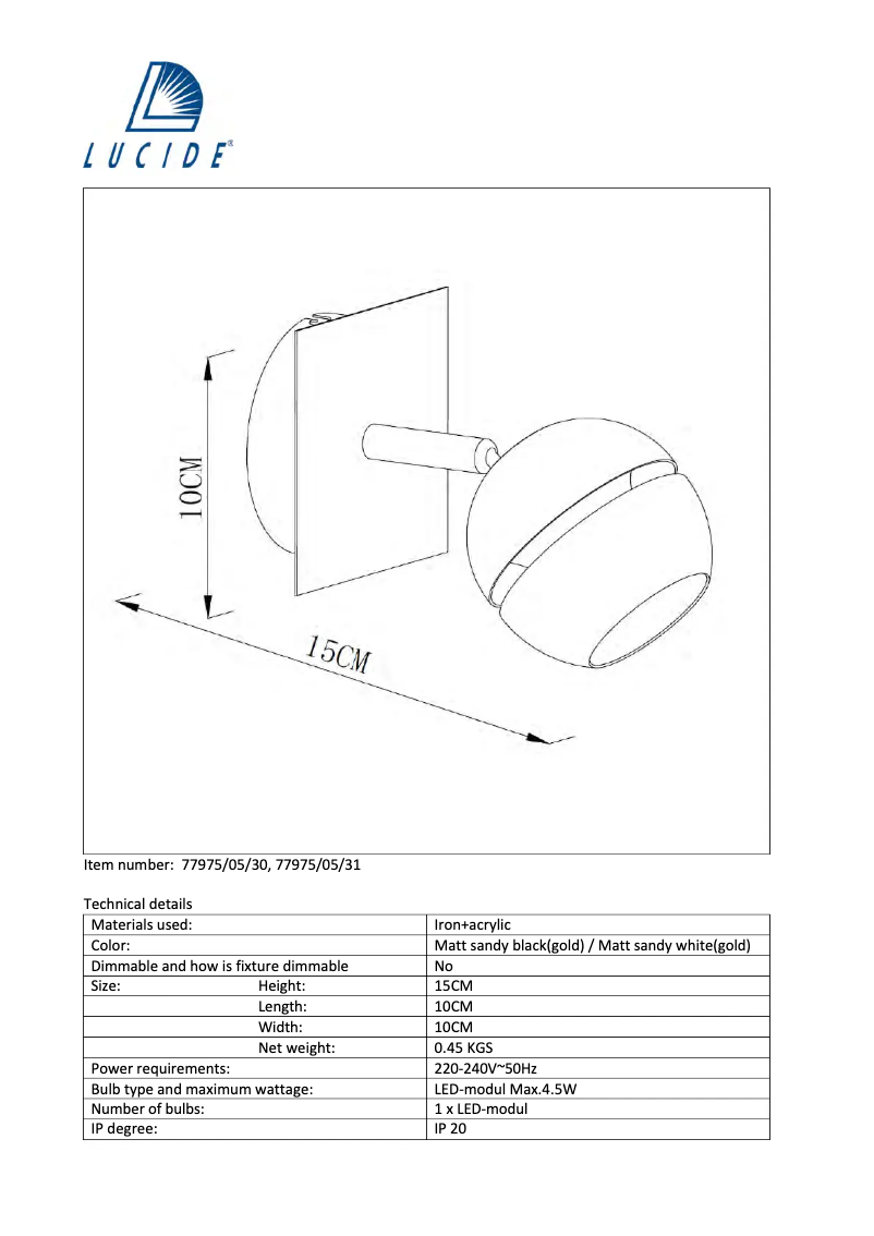 Page 1 de la notice Manuel utilisateur Lucide Binari 77975/05/30
