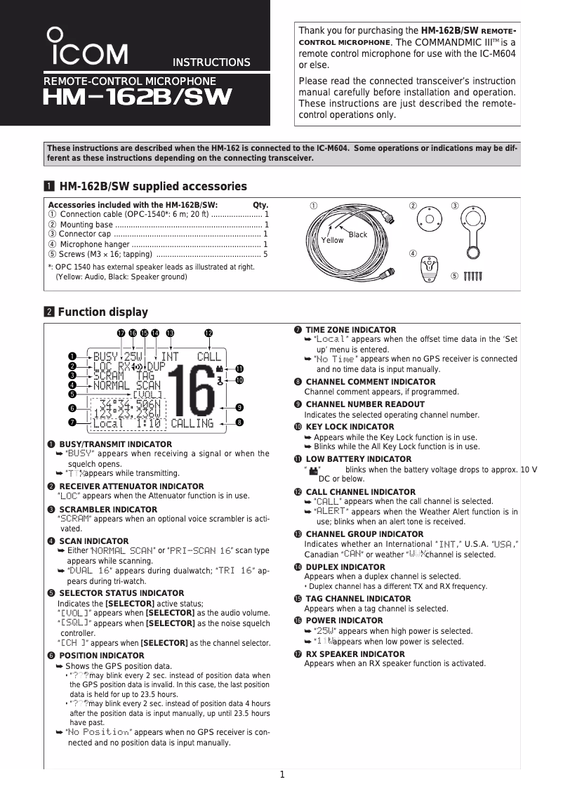 Page 1 de la notice Manuel utilisateur ICOM HM-162B